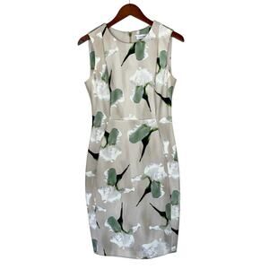 Calvin Klein Sheath Dress Beige Floral Sleeveless Scuba Knee Length Women's 8